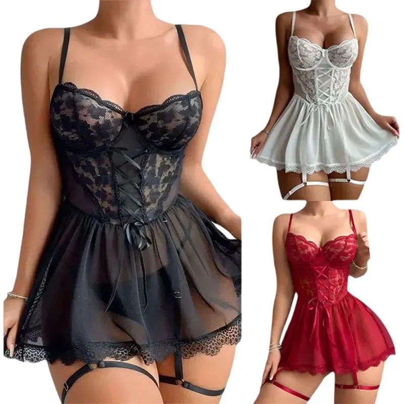 Garter Pajamas Exquisite Hot Women's Lingerie Fancy Bra With Thong Leg Rings Erotic Nightgowns Plus Size Underwear Sleepwear Set