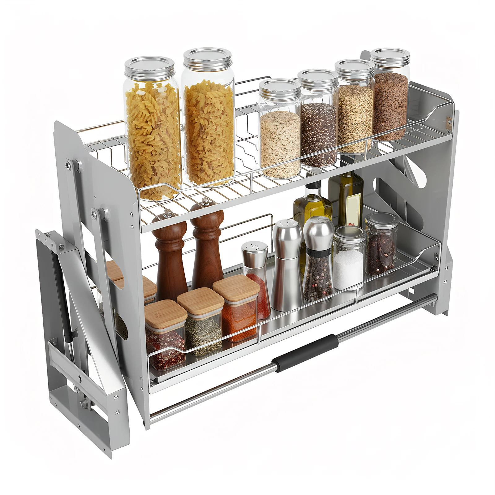 

2-Tier Pull-down Storage Lift Cabinet Pull-down Seasoning Rack 304 Stainless Steel 22-34 Inch Width for Snacks Bowls Plate