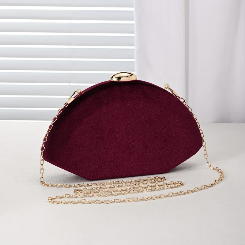 Luxury Half Moon Velvet Evening Bag Ladies Wine Red Fan Shaped Clutch Purse Formal Wedding Prom Banquet Dinner Shoulder Handbag