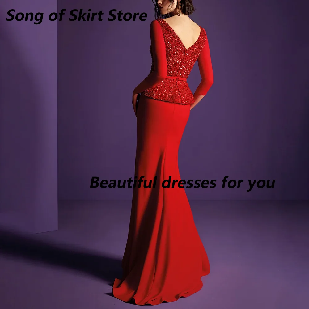 Luxury Wedding Party Dress Customized 3/4 Sleeves Mermaid Formal Evening Gowns Red Jersey Sequin Mother of The Bride Dresses