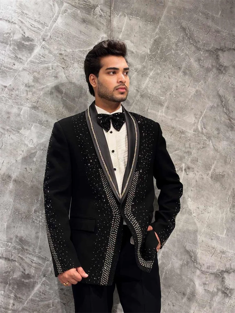 Black Luxury Men Suits 2 Piece Blazer+Pants Stone Crystals Wedding Tuxedo Prom Coat Customized Formal Office Jacket Trousers