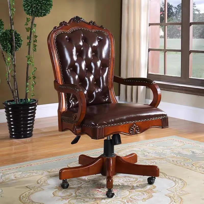 eather boss chair retro carved solid wood swivel European computer chair home office lift