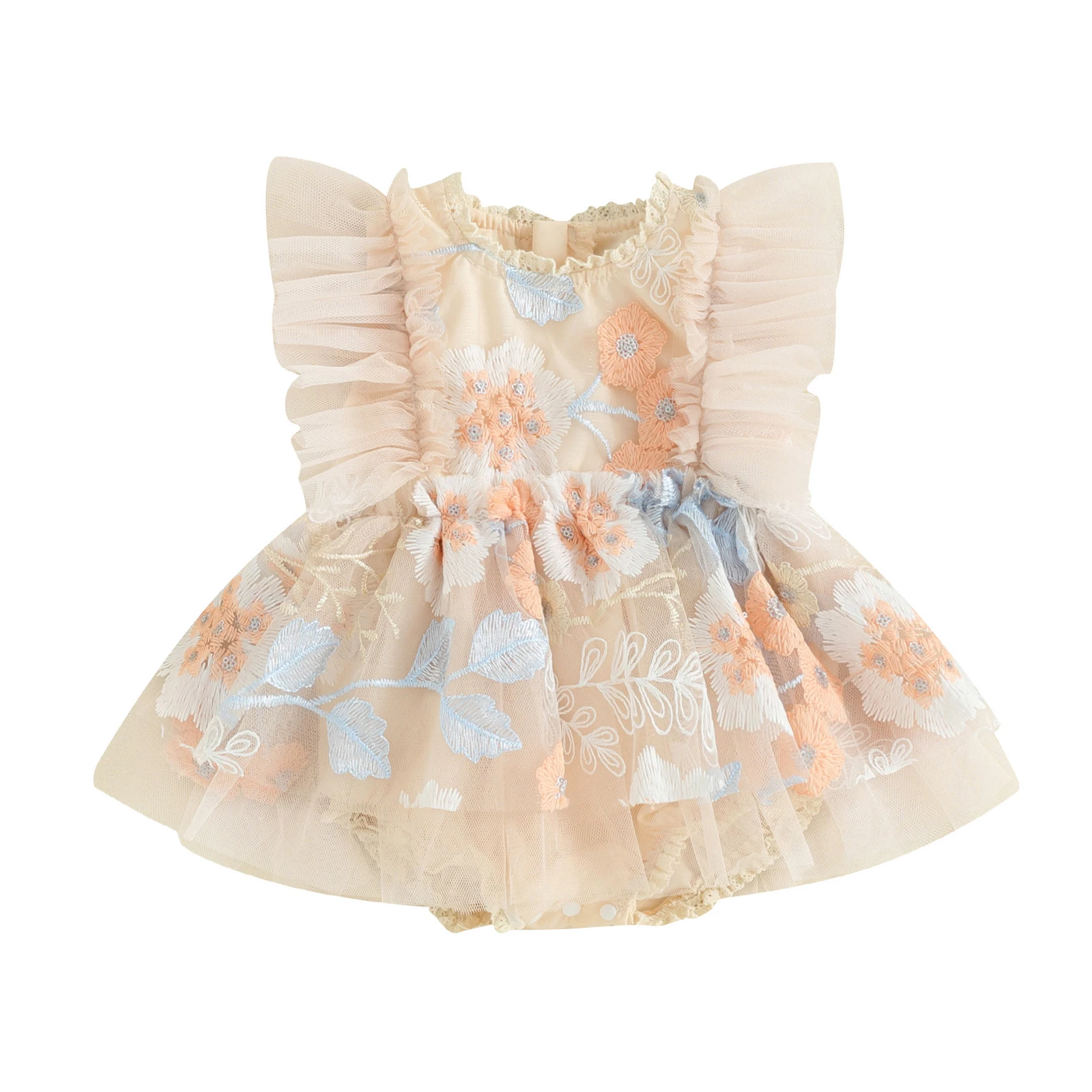 Summer Baby Clothing Girls Romper Dress Ruffle Fly Sleeve Embroidery Flower O-Neck Tulle Mini Dress Infants Girl Clothes