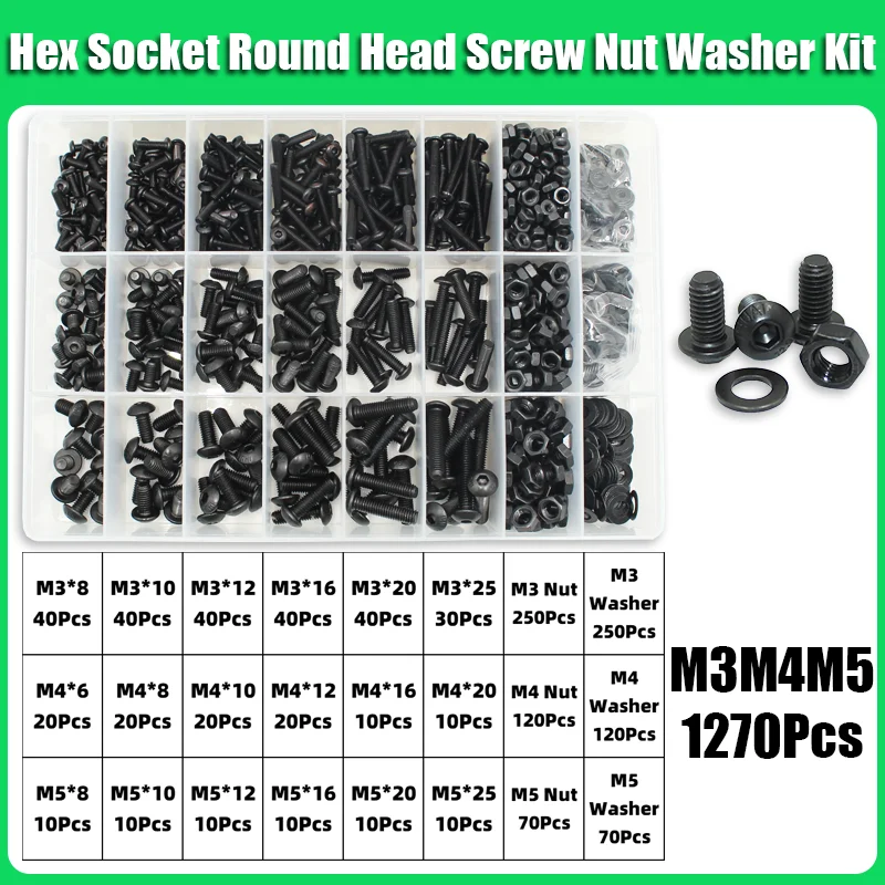 Innensechskantschrauben-Set mit Innensechskant, M2, M2,5, M3, M4, M5, M6, Schwarz, 10,9 Güteklasse, Innensechskant-UNC-Bolzen mit Mutter, Unterlegscheiben-Sortiment – Detail 9