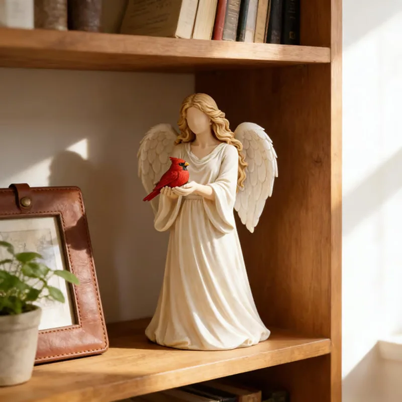 Angel holding cardinal bird resin ornament retro white wings angel home entrance crafts