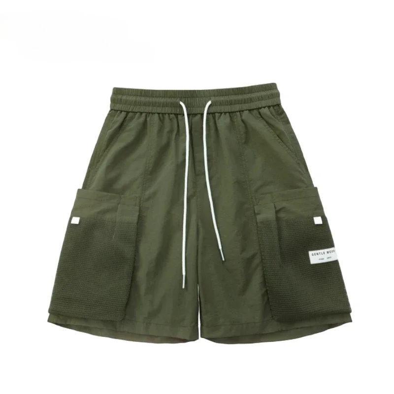 Mit Taschen, locker, weit, Baggy, solide, elastische Taille, Herren-Cargo-Shorts, Kordelzug, kurze Hosen für Herren, Kleidung, Distressed-Designer