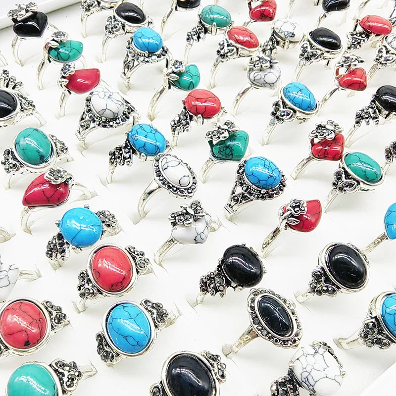 20 teile/los Großhandel Bunte Oval Naturstein Finger Ringe Für Frauen Böhmen Mix Stil Silber Farbe Hohl Legierung Metall Schmuck – Detail 14