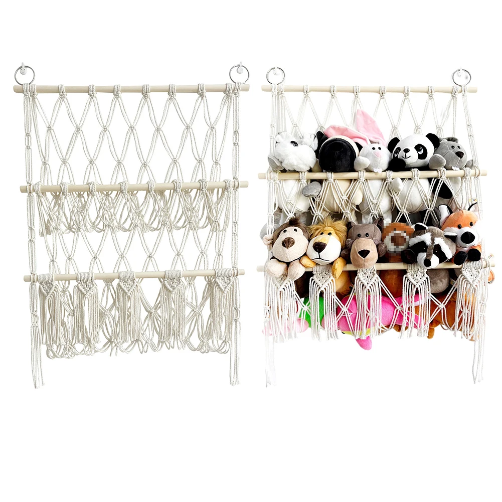 2-layer Stuffed Animal Storage Hammock Wood Plush Toys Holder Hanging Toy Organizer For Nursery Play Room Bedroom