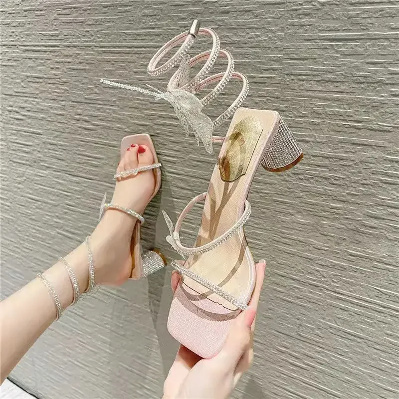 Xibeilove 2024 Summer Luxury Women Sandals Crystal Square Head Gold Rhinestone Snake Pattern High Heels Wedding Party Shoes