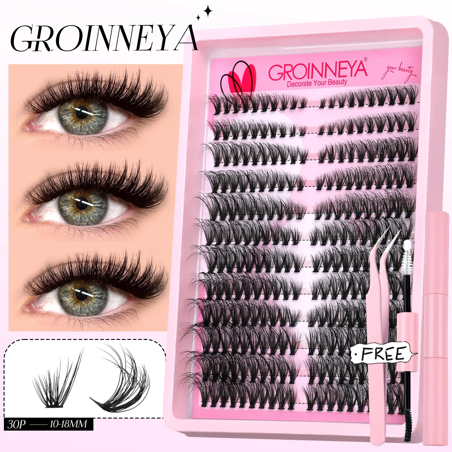 GROINNEYA 3D Mink Lashes Kit Cluster Eyelashes DIY lashes Soft Thick Lash Clusters Luxury High Quality False Eyelashes Make up