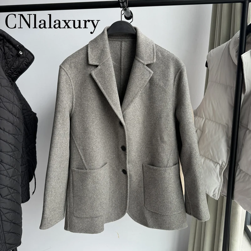 High Quality Winter New Women's Fashion Pockets Wool Coat Casual Long Sleeve Solid Loose Elegance Wool Blazer Outerwear Ladies