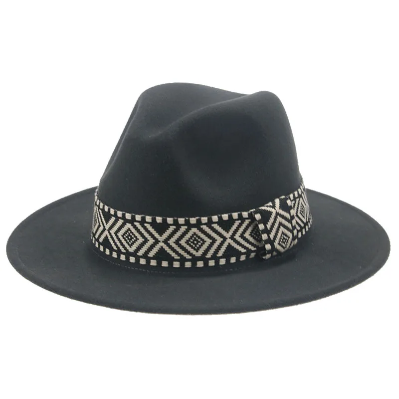 

Wide Brim Woolen Hat European And American Dome Jazz Top Hat Ethnic Style Square Ribbon Festival Party Performance Hat