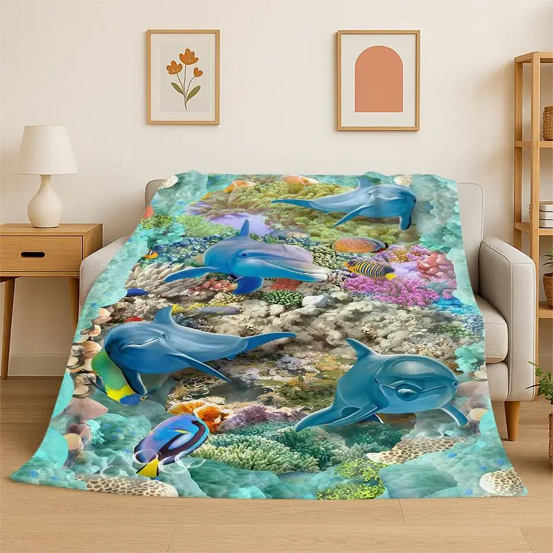 Seabed illusion 3D Underwater World Dolphin Cartoon Flannel Blanket Soft Throw Blanket for Bedroom Living Room Bed Travel Nap