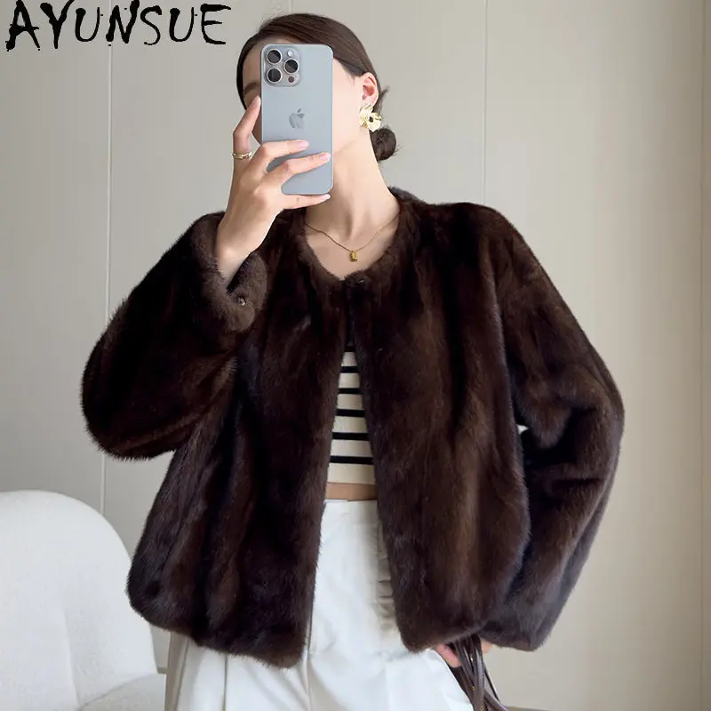 AYUNSUE Whole Mink Real Fur Coat Woman Luxury Winter Fur Jacket Long Sleeve Tops Warm Fur Coats Woman Clothes Roupas Feminina