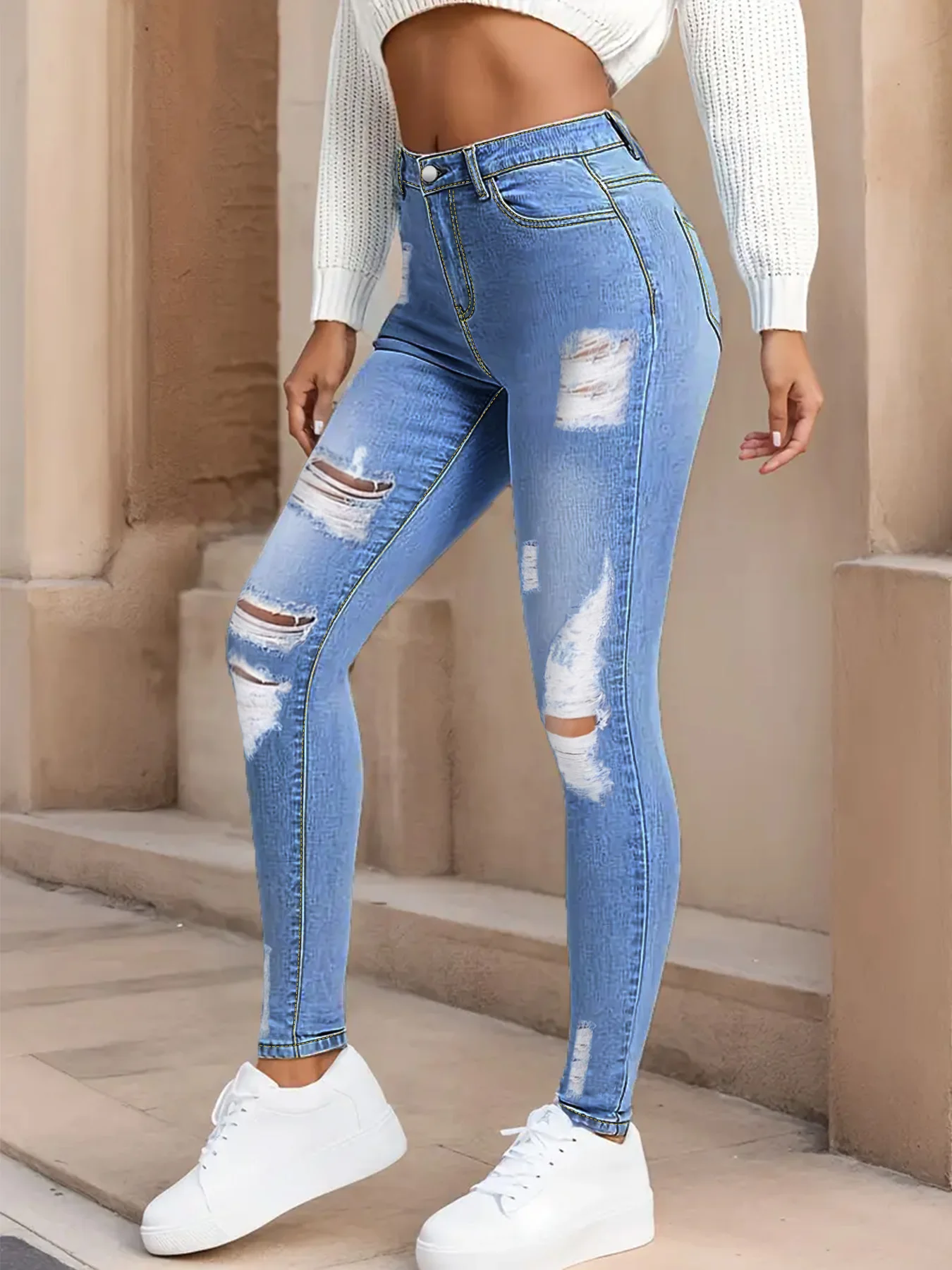 

Women's Light Blue Washed High Waist Skinny Jeans with Distressed Ripped Details, Stretch Denim Pants for Casual Street Style