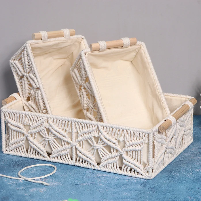 Handmade Woven Basket Cotton Rope Storage  Book Toy Desktop Sundries Storage Box Literary and Retro Style