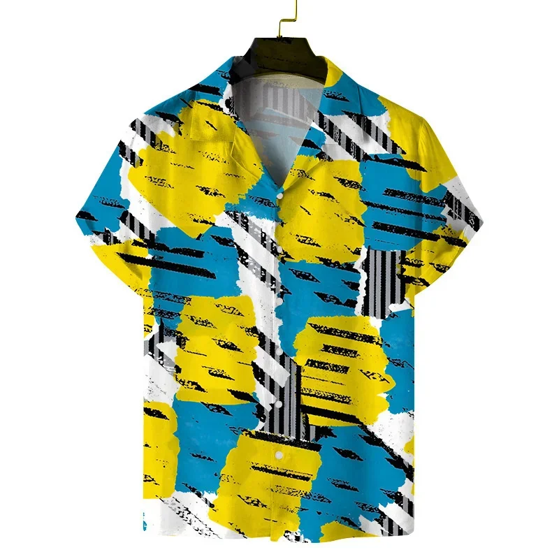 Flower Feather Pattern Hawaiian Shirt Men Colorful 3D Print Short Sleeve Shirts Cool Street Button Lapel Blouse Male Loose Tops