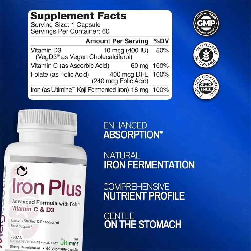 Fermented Iron Plus - An Iron Supplement Containing Vitamin C, Vitamin D3, and Folic Acid, Easy To Absorb, Non GMO -60 Capsules