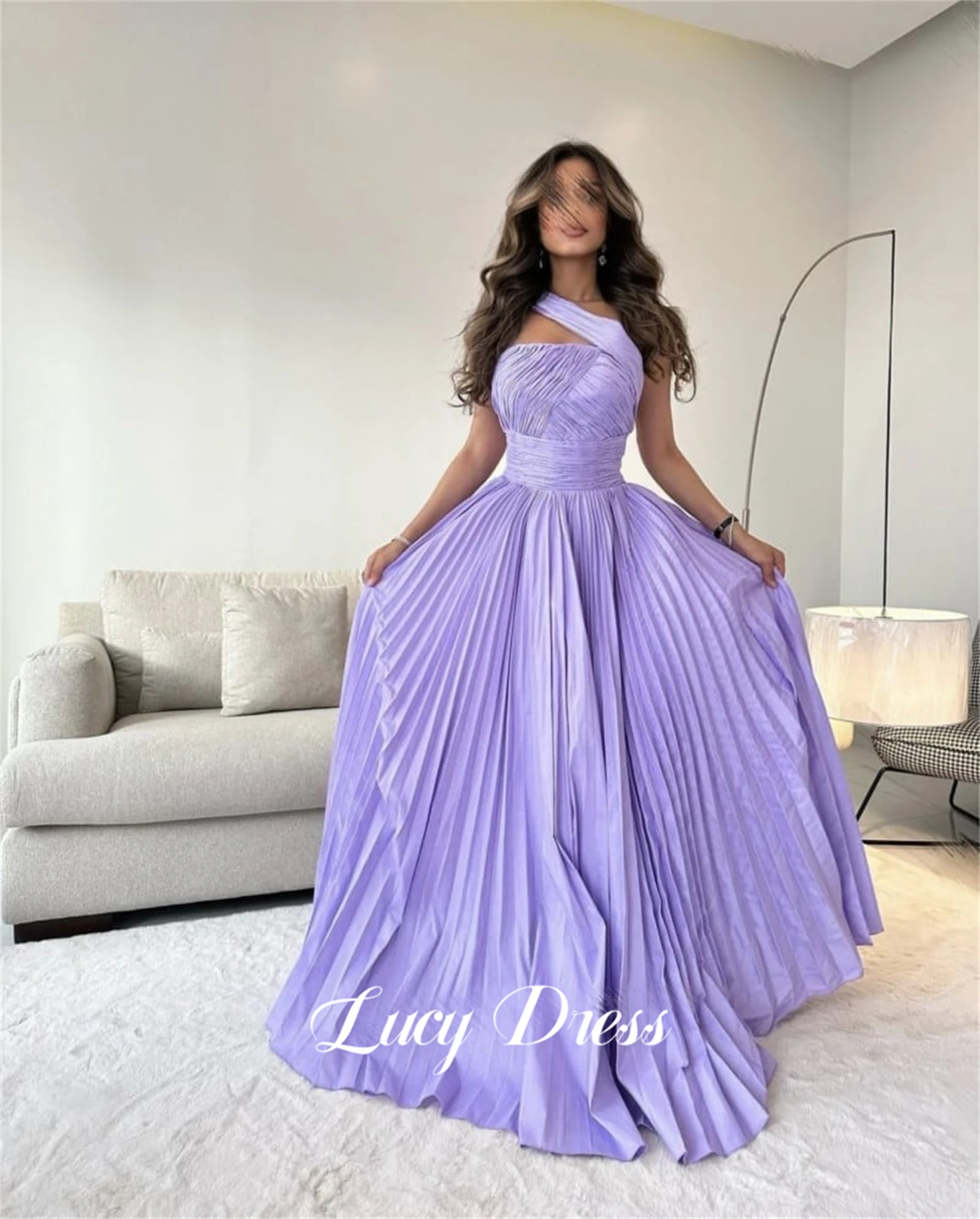 Line A Ball Gown Purple Folds Eid Al-fitr Satin One Shoulder Sleeve Grace Evening Dresses for Weddings Luxury Dress Customized