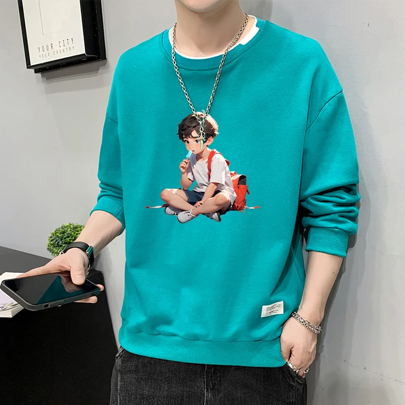 

Loose Fit Long Sve round Ne Hoodl Men's Sweatirt Casual Outerwear Trendy Polyester Fabric Youth ular Sle