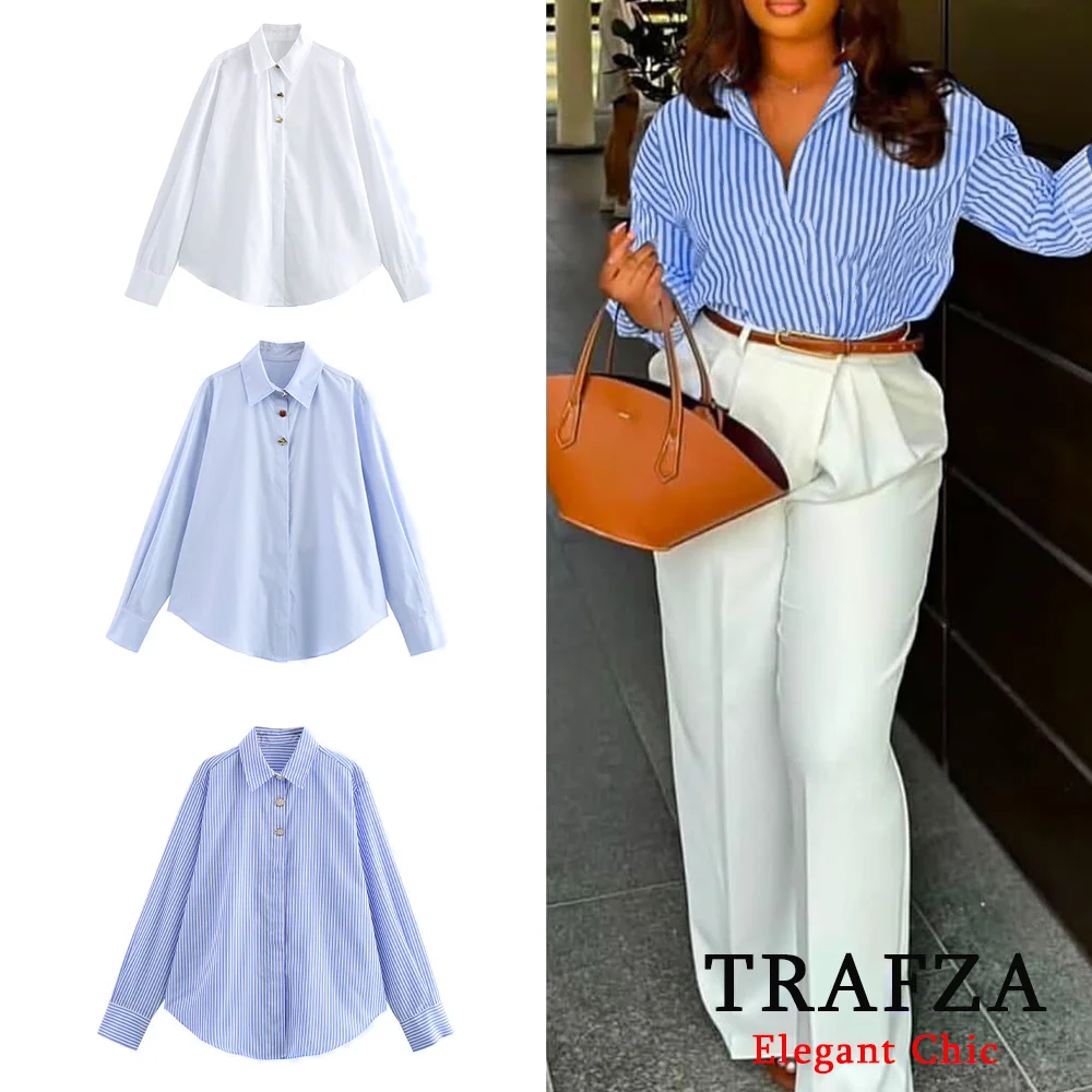 

TRAFZA Women Basic Chic Striped Shirt Lapel Buttons Shirt New 2025 Spring Summer Fashion Casual Commuter Blue White Shirt