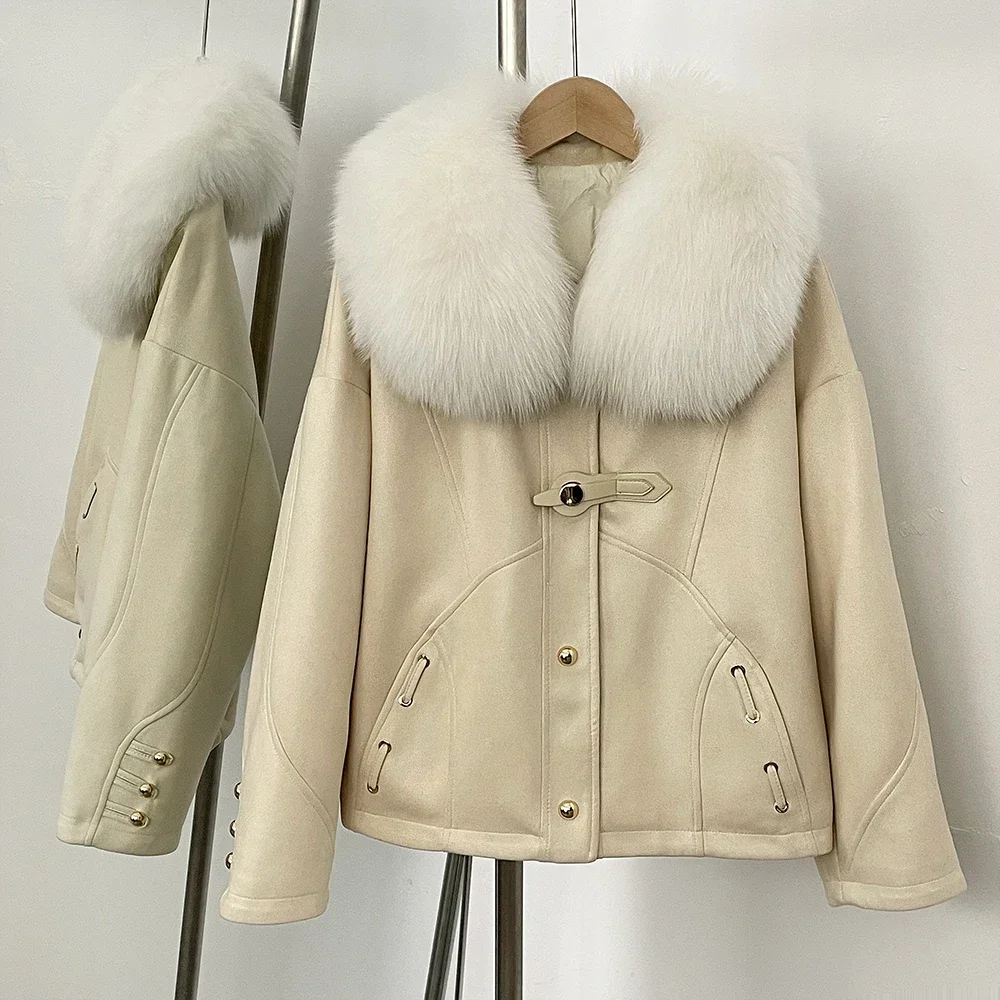 Down Jacket Women Suede Autumn White Goose Down Coat Women Winter Clothing Female Warm Real Fox Fur Collar Puffer Jacket Lady