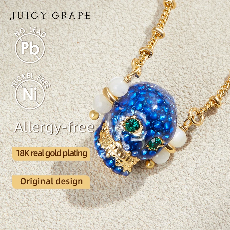 Juicy Grape Skull Necklace - 18K Gold Plated Punk Pendant with Blue Zirconia Eyes | European-American Hip-Hop Trend Jewelry