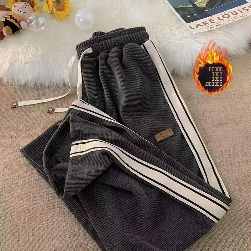 

Men's Spor Fce-Lined Corduroy Wide Leg Casual Pants Autumn Winter Heavyweight Loose Straight Cut Sweatpants Trendy