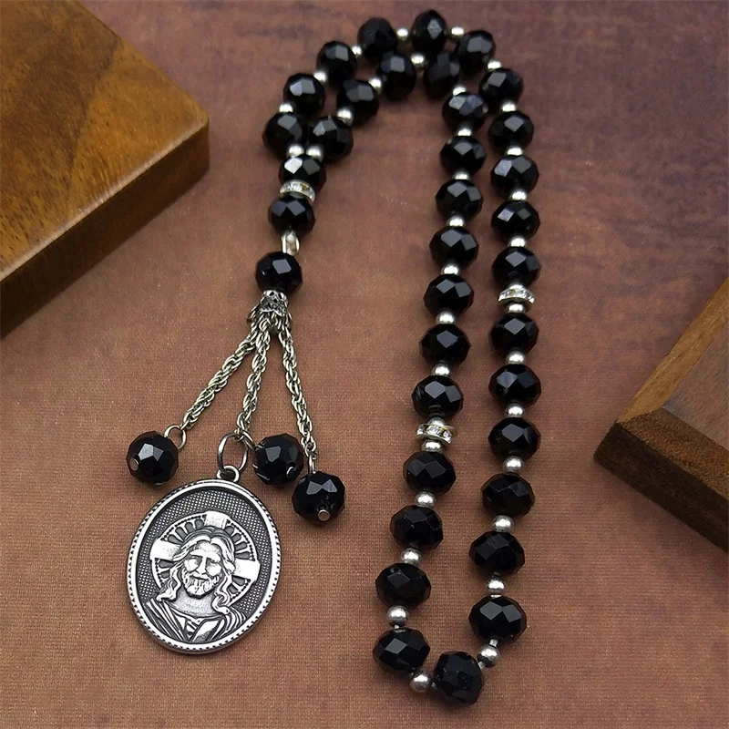 

Jesus Christian Cross Car Pendant for Women Men Stainless Steel Gold Silver Color Oval Medal Glass Beads Amulet Jewelry Gift