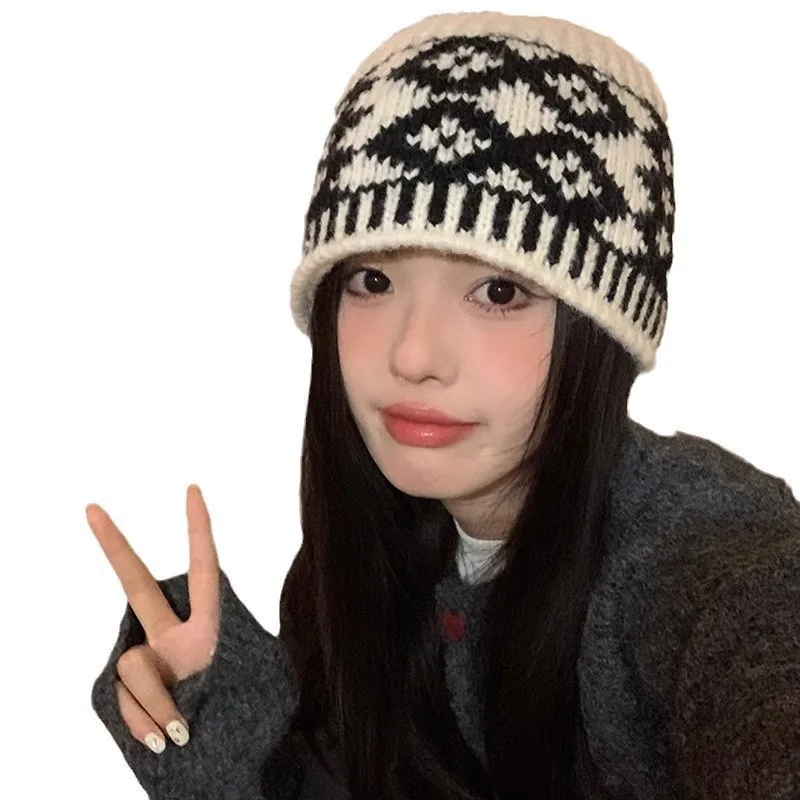 Chapéu balde xadrez diamante para mulheres outono e inverno mais novo para combinar com cores combinando chapéu de lã de tricô