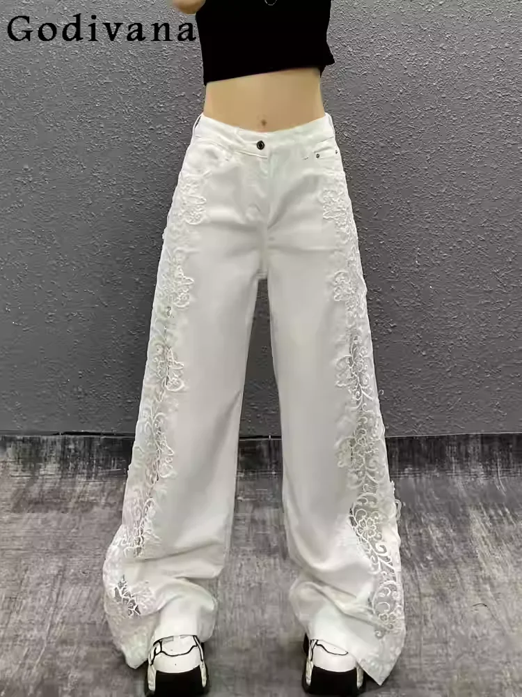 

Women Summer Splicing Ripped Personalized Age-reducing White Jeans High Waist Loose Versatile Fashion Straight Wide-leg Pants