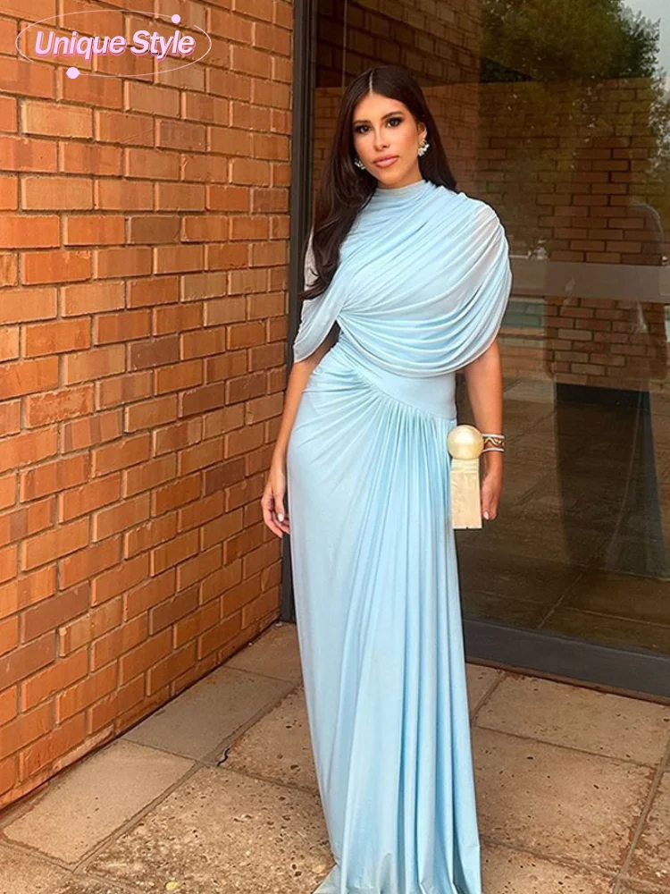 Women Chic Blue Irregular Shawl Pleated Mesh Maxi Dress Elegant Mock Neck High Waist Bodycon Dresses 2025 Summer Lady Party Robe