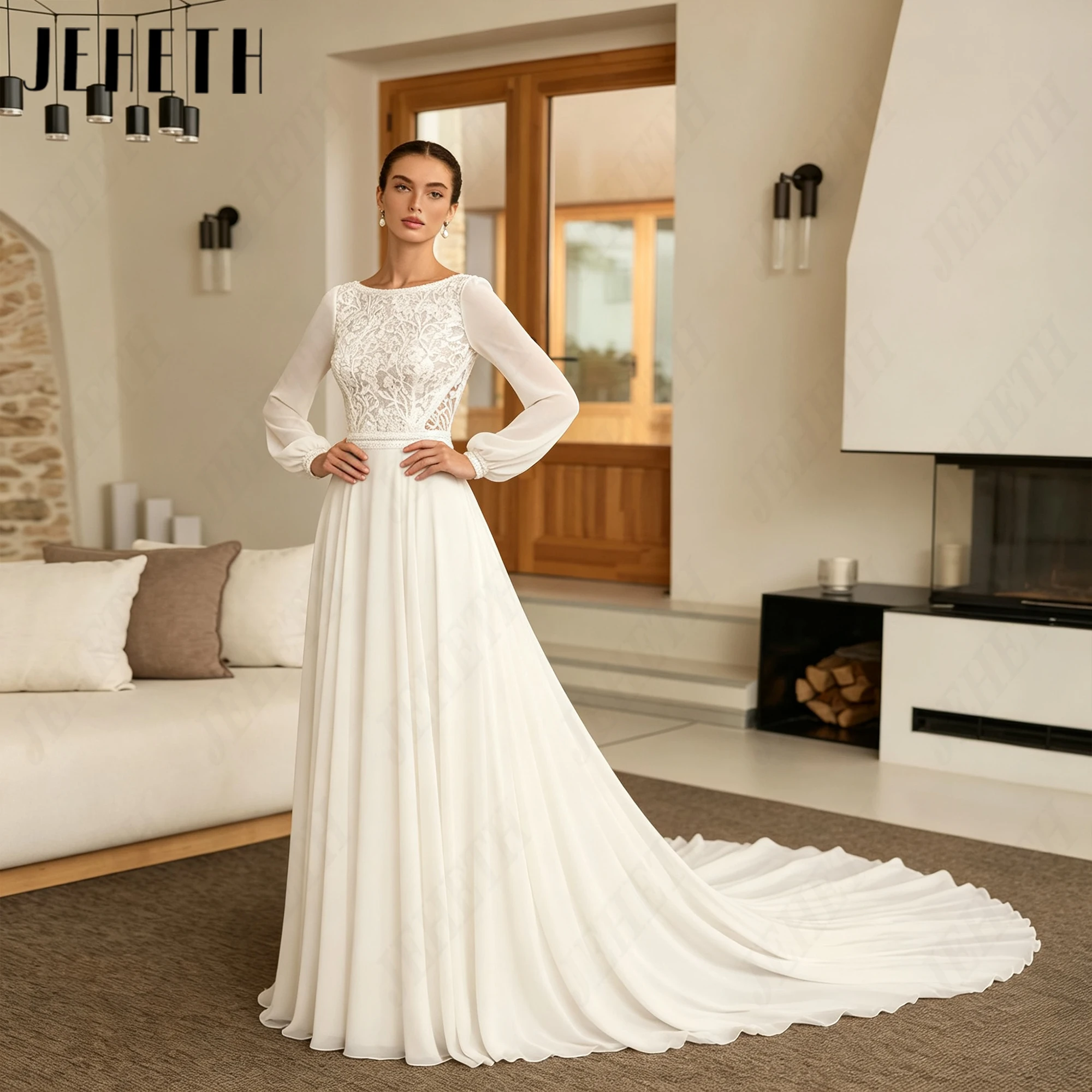 JEHETH Personalized Chiffon Illusion Wedding Dresses Long Sleeves Backless A‑line Bridal Gown Court Train Exquisite Bride Dress