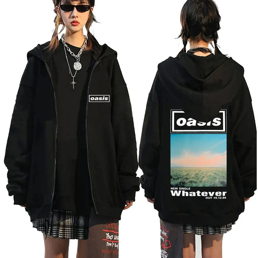 

O-Oasis Whatever Graphic Zipper Hoodie British Rock Band Zip Up Jacket Men Women Vintage Oversized Fleece Cotton Hoodies Coat