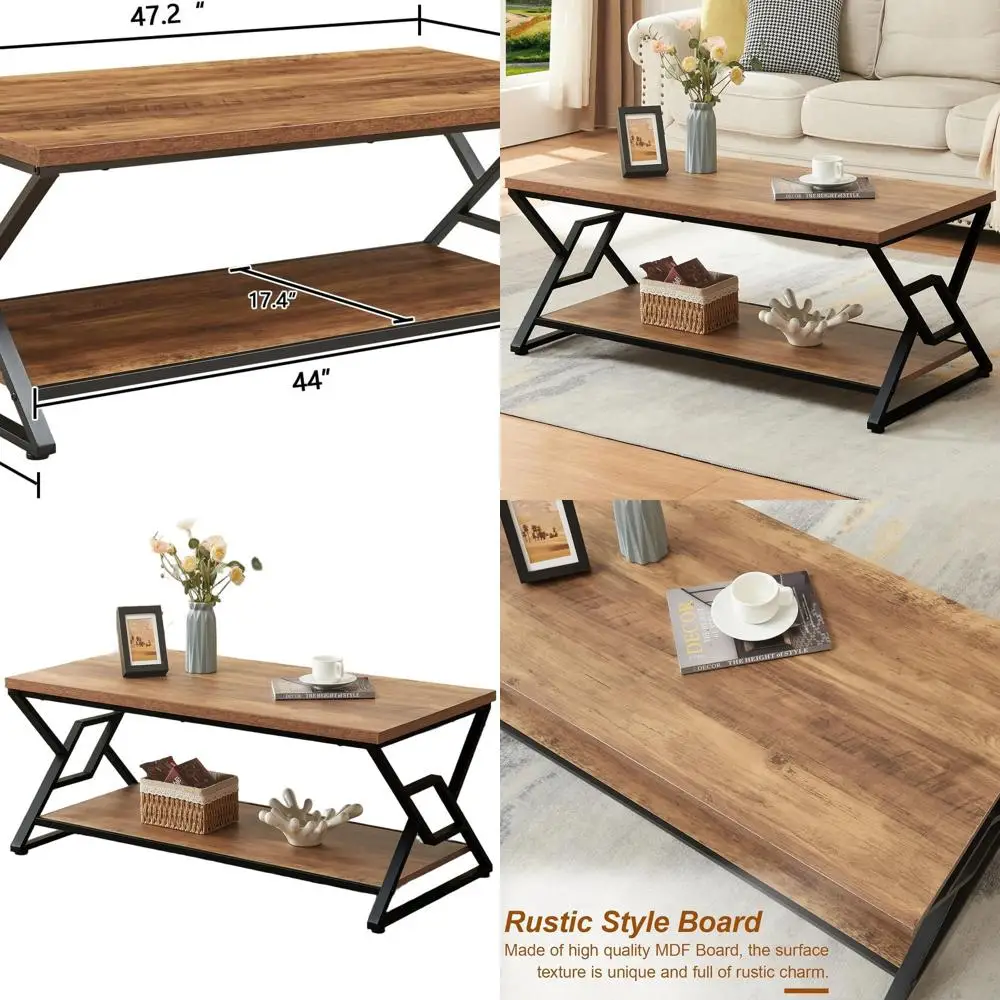 

Rustic 2-Tier Rectangular Coffee Table with Open Shelves, Engineered Wood, 47, Oak Brown for Living Room