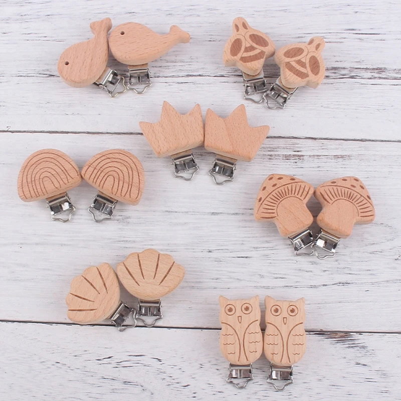 Suspender Pacifier Clips Natural Wood Cute Beech Wooden Animal Bee Shape Clips Charm DIY Beading Pacifier Chain A2UB