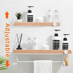 White Bathroom Shelf with Towel Bar Wood Aluminum Wall Mounted Lavatory Bath Shower Shampoo Soap Storage Holder Organizer Rack