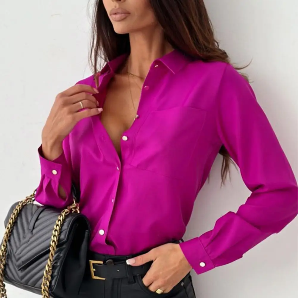 Women Spring Autumn Shirt Formal Business OL Commute Style Blouse Single-breasted Solid Color Lapel Long Sleeve Lady Top