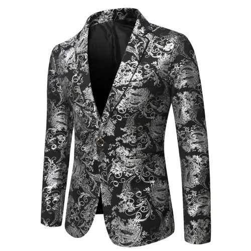 Imagen 2 del producto Chaqueta Blazer con estampado entallado para hombre, moda 2021, guapo, informal, de negocios, traje de espectáculo en escenario plateado, ropa pequeña para hombre
