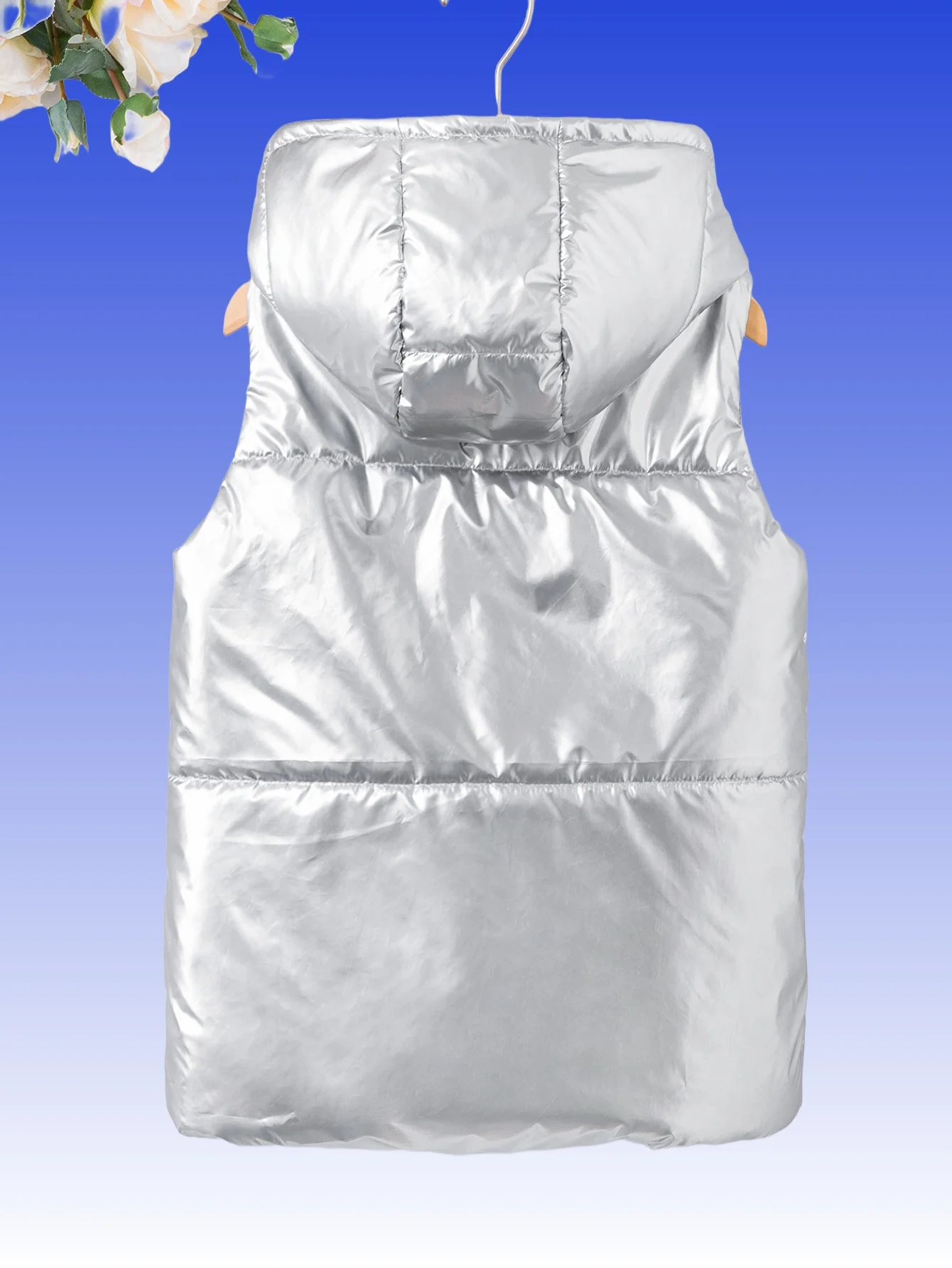 Winter cotton-padded coat for children and girls with bright face wash, windproof and waterproof silver vest hooded coat