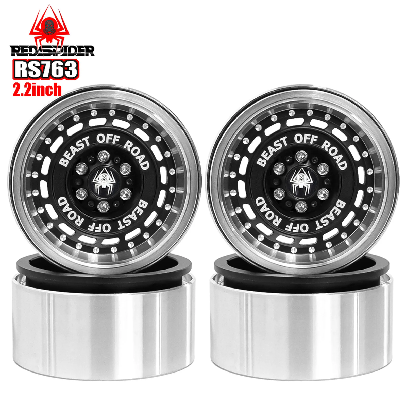 RedSpider 4Pcs 2.2 Inch RC Crawler Alloy Wheel Hubs, Black Silver Beadlock Rims Fit 1:10 Wraith Traxxas TRX6 Replacement Parts