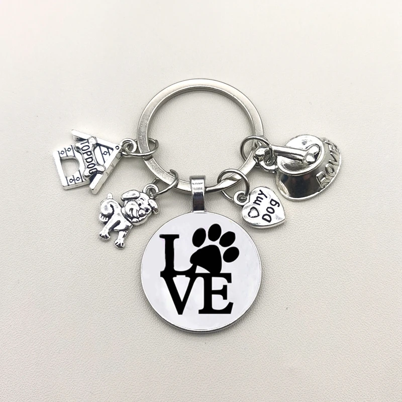 Cute Pet Dog Keychain Paw Dog Glass Cabochon KeyRing Top Dog House Charms Keychains I Love My Dog Pendant Keychain Gifts