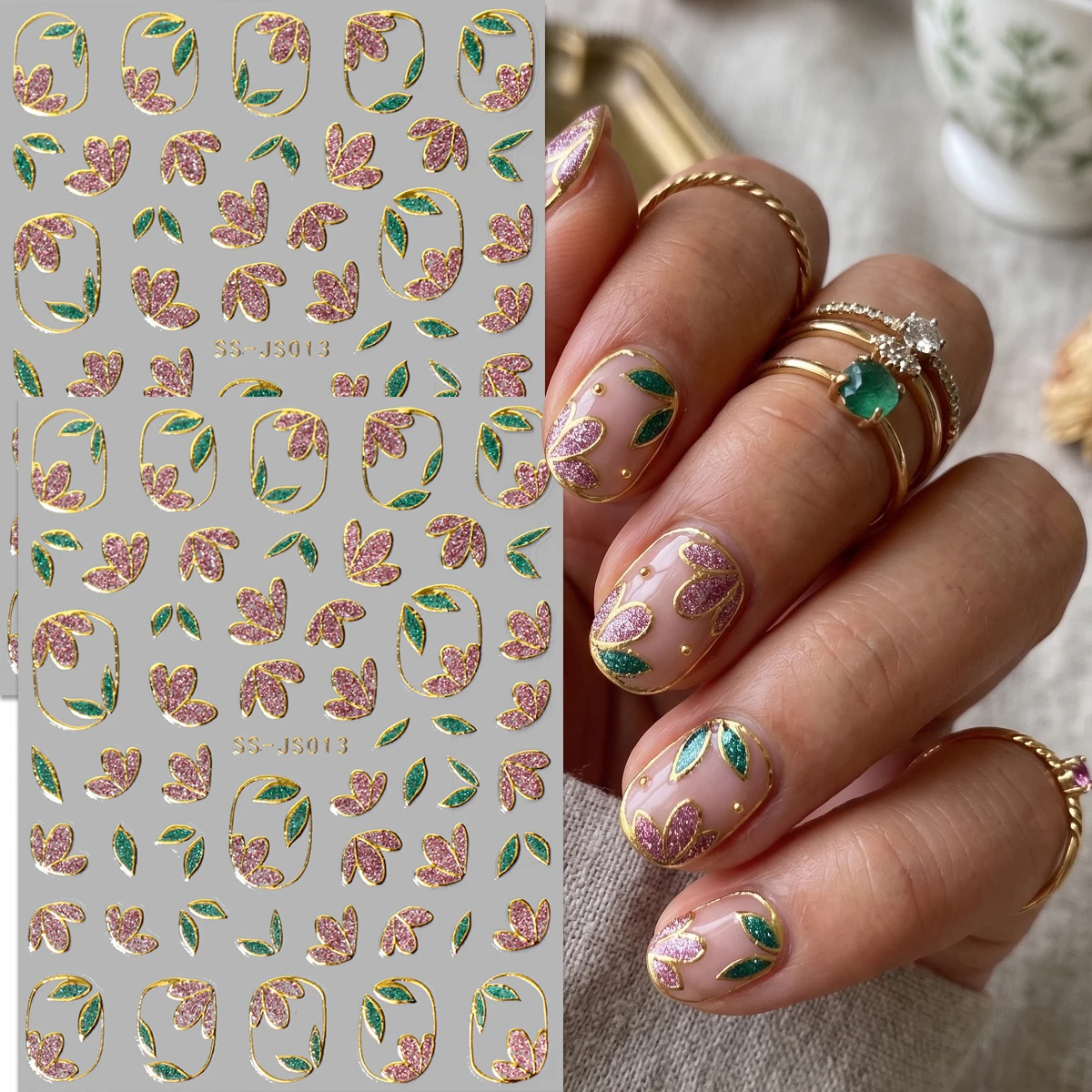 2Pcs Luxury Gold Glitter Rose Nail Stickers 3D Vintage French Pink Flower Green Leaf Nail Decals for Wedding Season Party DIY De
