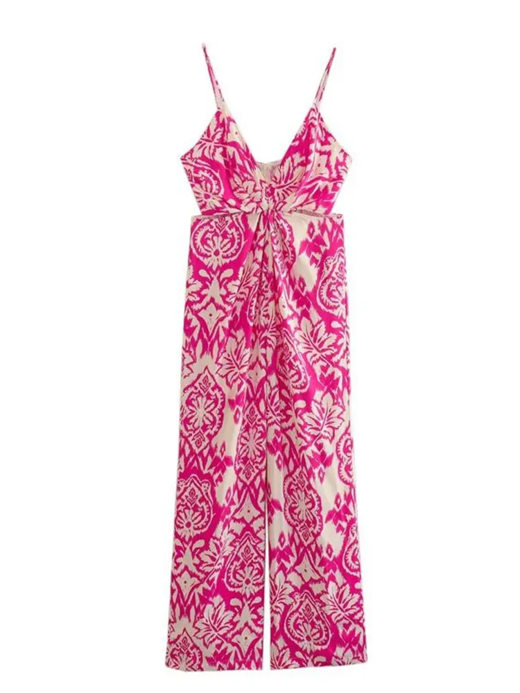 

Women New Chic Fashion Hollow out design Printed sling Jumpsuit Vintage V Neck backless Female Playsuits Mujer 2298/161