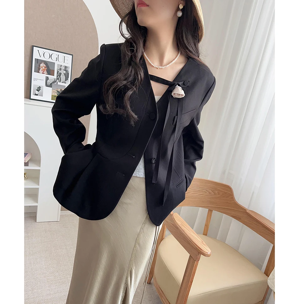 

Ele V-ne Flelted Waist Suit Jaet Women's Faionable Design Spring 2025 Long Sve Single Button Closure