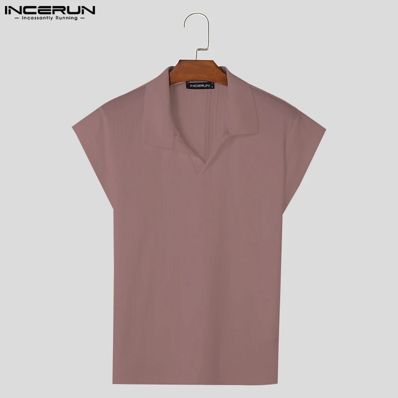 

INCERUN Men's T Shirt Knitted Solid Color Lapel Short Sleeve Casual Men Clothing Summer Streetwear 2025 Fashion Tee Tops S-5XL