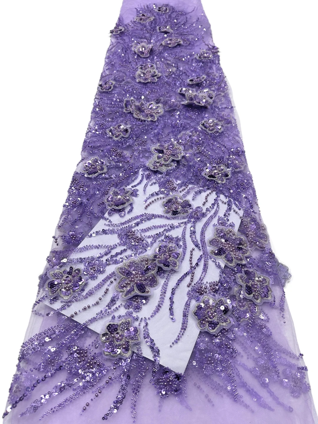

French 3D Flowe Lace Fabric 2026 African Nigerian Heavy Beaded Sequins Embroidered Lace Fabric for Wedding Party Dresses 5 Yards