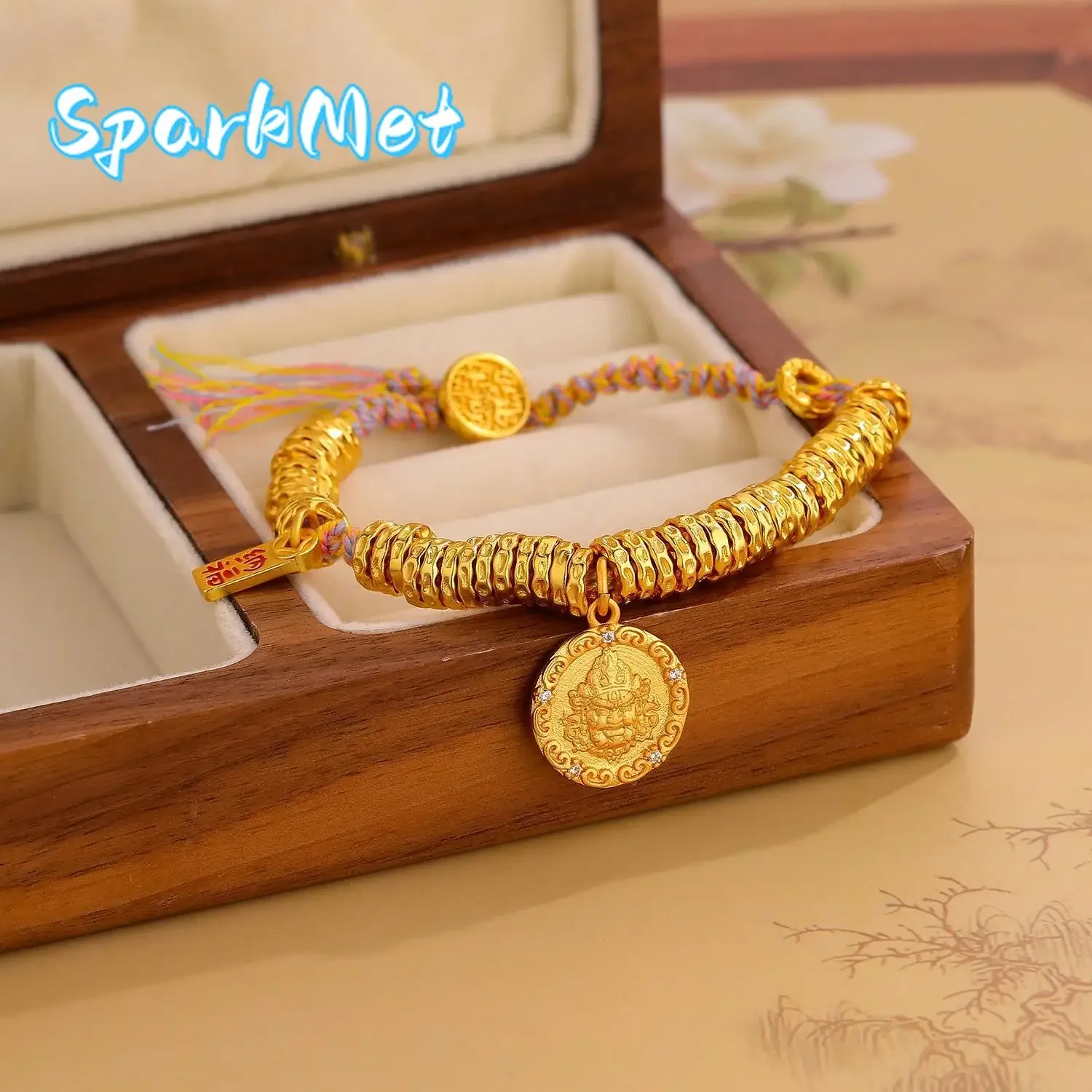 

Браслет SparkmetFashion из 24-каратного золота с изображением Бога богатства, плетеный витой шнурок, талисман удачи, 999 проба чистого золота, в китайском стиле.