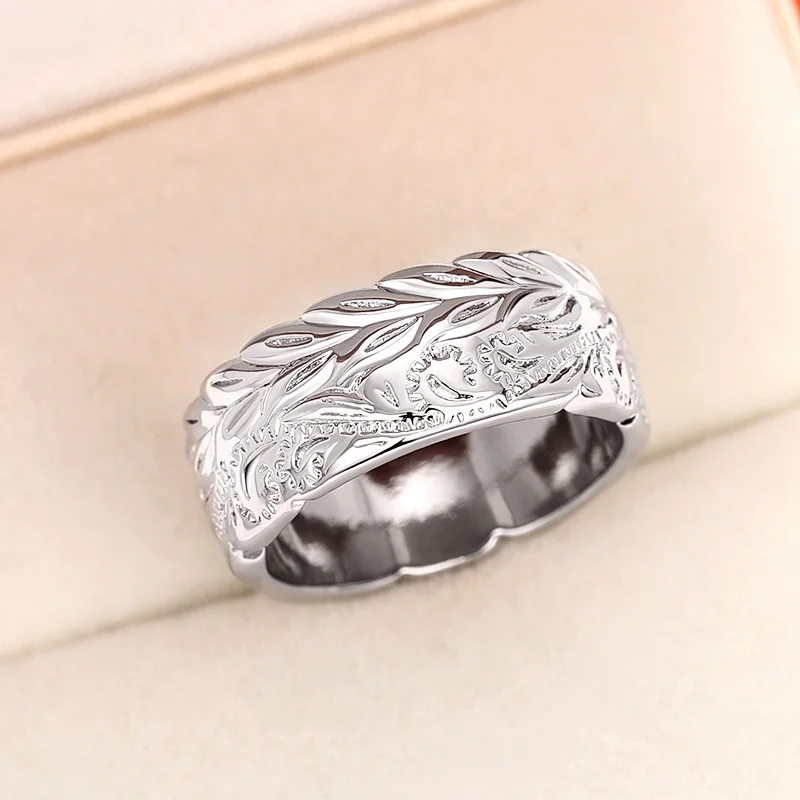 Huitan Ethnic Carved Leaf Patter Women's Rings Silver Plated Special-interested Female Finger-rings Fancy Gift Statement Jewelry