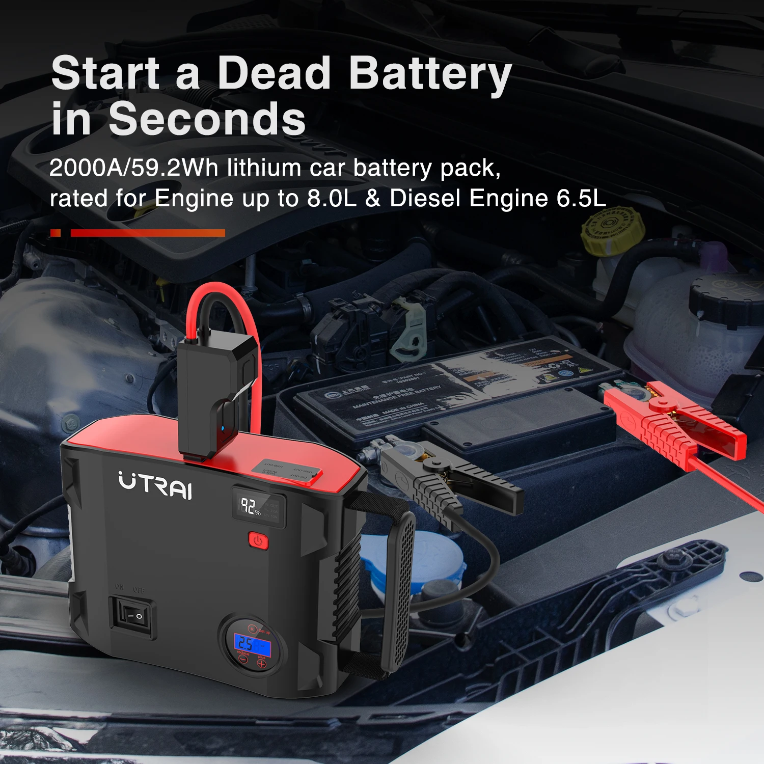 Utrai 2000A Jump Starter Vehicle Emergency Tools With Air Pump Powerbank Jumpstart With LED Light Tire Inflator OEM Factory